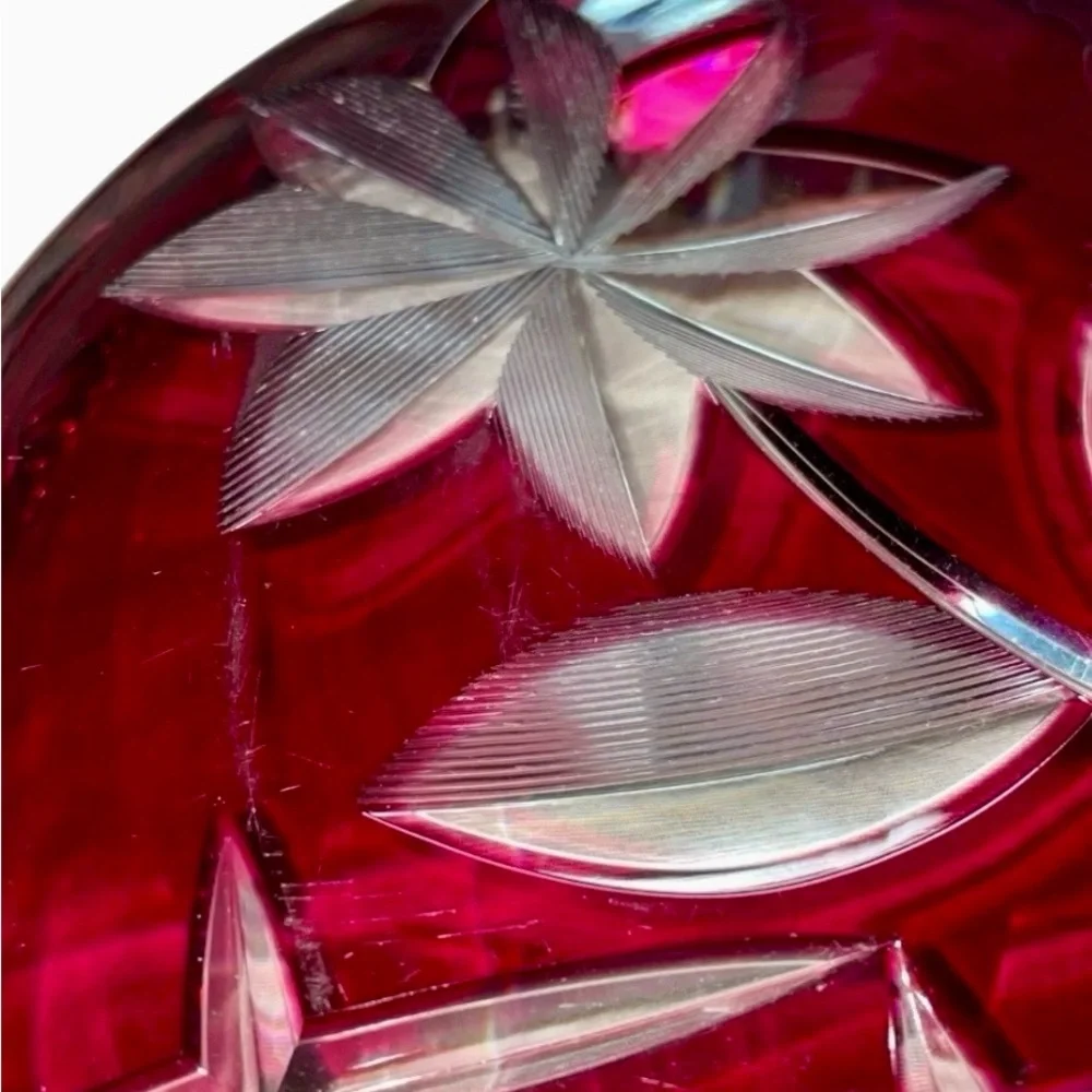 Bohemian Czech Ruby Cut to Clear Crystal Bowl Plate Centerpiece 11